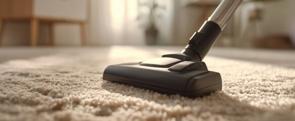 The vacuum cleaner head gliding over plush carpet in bright cozy living room
