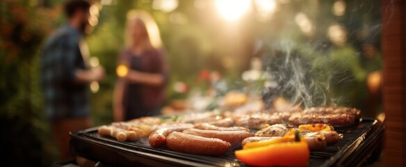 The Grill Sizzling With Sausages And Peppers At A Warm Summer Backyard Gathering