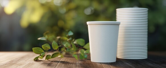 The Paper Cup on Wooden Table with Stack and Greenery Background