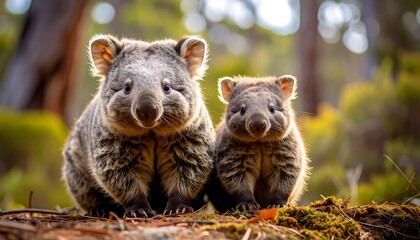 Two cute, fluffy, grey marsupials, sitting together in a forest setting