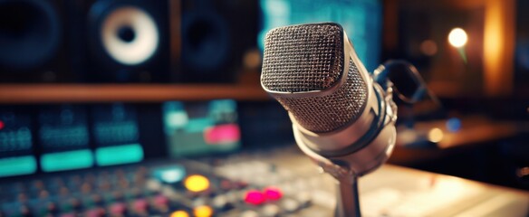 The Microphone in a Professional Recording Studio with Mixing Console and Warm Ambient Lighting