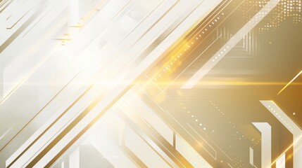 Dynamic Golden Abstract Technology Background with Luminous Geometric Shapes and Digital Grid
