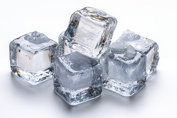 Obraz premium Macro photo of crystal clear ice cubes on a white background, cold atmosphere and condensation droplets, perfect for use in beverage and cold concept designs.