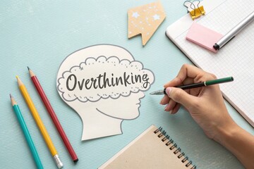 Person drawing overthinking on a paper head cutout on a desk