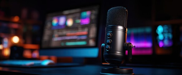 The Microphone in a Modern Podcast Studio with Colorful LED Ambient Lighting