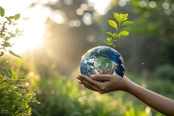 Person holding miniature Earth with plant in bright sunlight