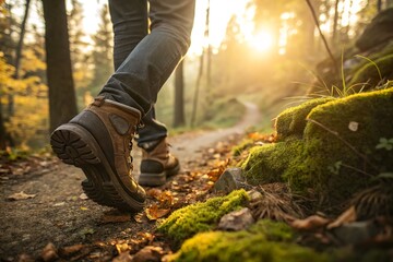 Person wearing hiking boots walking on forest trail at sunrise