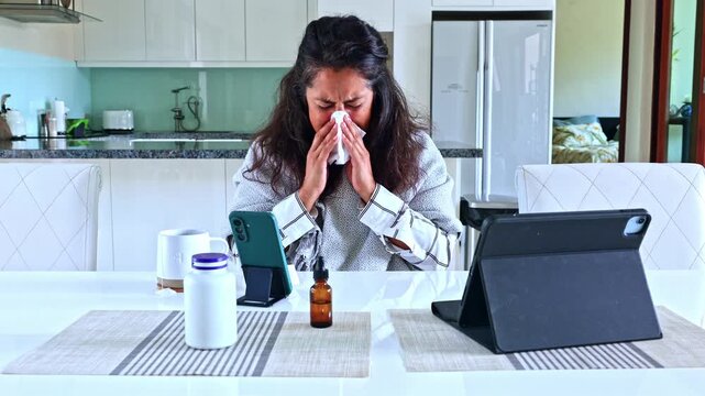 Sick woman sneezing during an online medical consultation