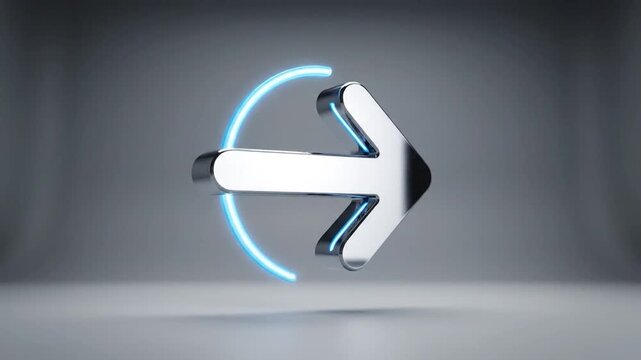 Polished chrome arrow with glowing blue accents floats in a gradient gray space