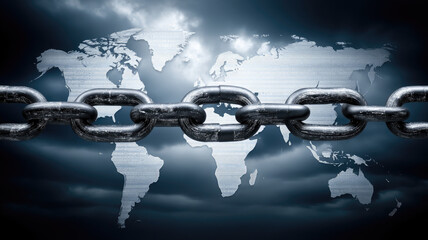 World chain digital debt overlay finance security global technology concept background strong connection economy crisis restriction metallic link map dark power control protection abstract