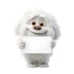 Cute White Fluffy Cartoon Animal Holding Blank Sign