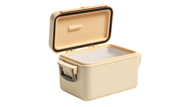 Beige cooler box with an open lid on display