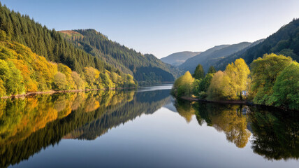 Mountain forest lake reflection calm water green blue sky peaceful landscape lush trees serene atmosphere perfect relaxation nature appreciation