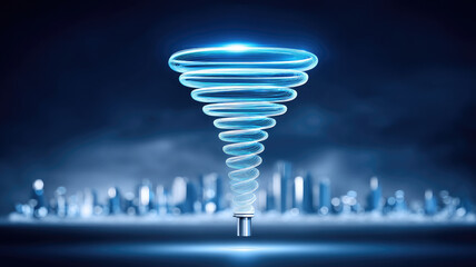 Glowing plasma tornado dynamic energy swirl futuristic laboratory blue neon light science concept cityscape background innovation technology excitement night