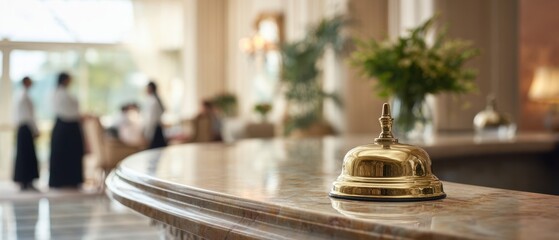 The brass service bell on a polished hotel reception desk with blurred staff