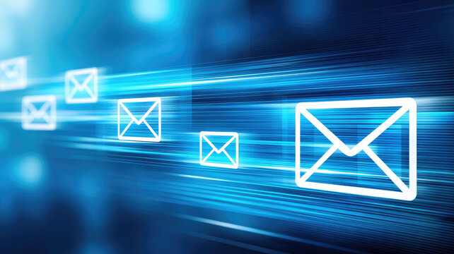 Digital envelope icon fast moving mail blue background communication technology speed glowing abstract modern futuristic dynamic connection network data transfer innovation concept energy motion