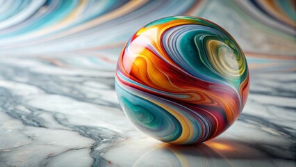 A Vibrant Swirl of Color A Multicolored Glass Sphere on a Marble Surface