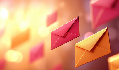 Colorful envelope digital motion orange pink yellow glowing abstract communication mail floating cheerful scene vibrant envelopes moving quickly warm light
