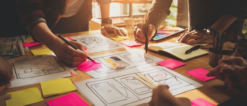 The design team collaborating on mobile app wireframes with colorful sticky notes and sketches