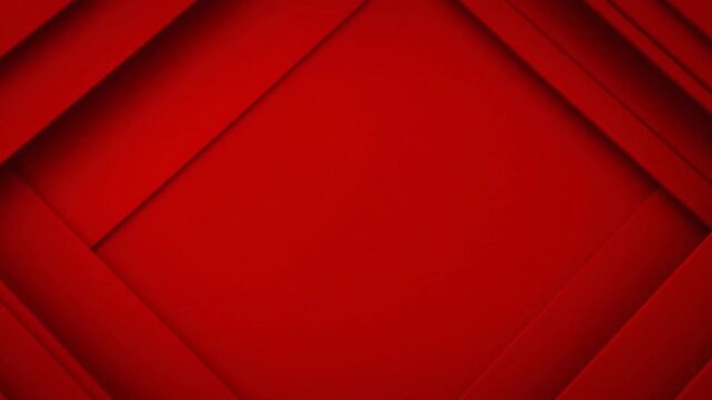 Deep red, angled geometric shapes frame a central space, creating depth and shadow play