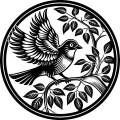 A bird perched on a branch with leaves in a circular frame