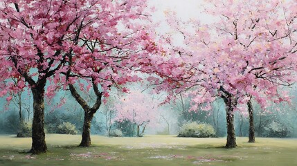 Obraz premium Oil painting of vibrant pink cherry blossom trees blooming in a peaceful park, featuring visible brushstrokes and scattered petals on green grass.