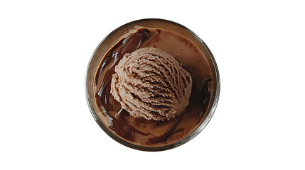 Top-down view of a chocolate affogato with a scoop of chocolate ice cream in a small glass