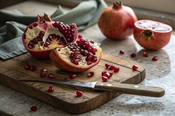 Split pomegranate fruit with ruby red seeds on a wooden board