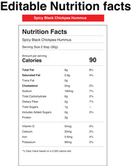 Spicy black chickpea hummus nutrition facts label design