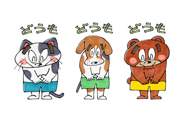 お辞儀をする動物のキャラクターセット(猫、犬、熊)
