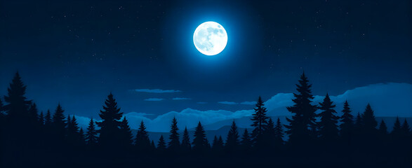 Naklejka premium Full Moon Over Pine Forest Under Starry Night Sky and Blue Mountains