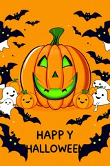 Happy halloween greeting with carved pumpkin and ghosts surrounded by bats