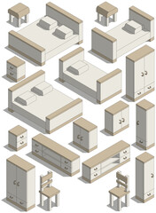 Bedroom furniture set. Isometric. Isolated on white background. Vector illustration.