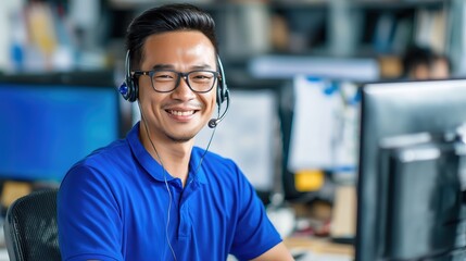 A 40-year-old Malaysia Chinese male IT helpdesk agent in a blue polo shirt and headset works at a computer in a modern office environment. His professional demeanor and focused attention represent cus
