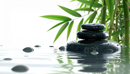 Stacked black stones with water droplets, surrounded by bamboo stalks and scattered pebbles, creating a zen-like atmosphere.