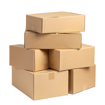 Paqueteria y envio de mercancia.Compras on line. Pila de cajas de cart&oacute;n aisladas sobre fondo transparente