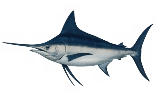 Blue marlin swimming, large billfish illustration with pointed snout, powerful marine animal isolated on transparent background