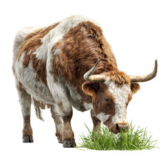Highland Cow Grazing on Green Grass Isolated on White Background