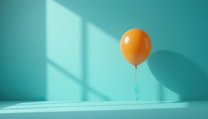 Single orange balloon floating in soft sunlight against a turquoise wall, creating a calm and modern minimalist composition