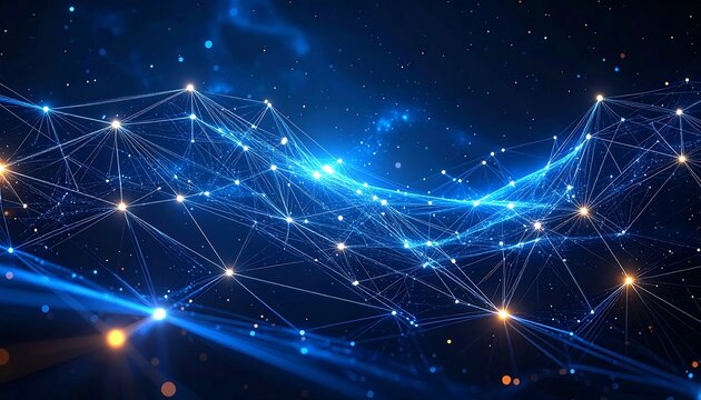 Futuristic digital network with glowing nodes in a deep space background