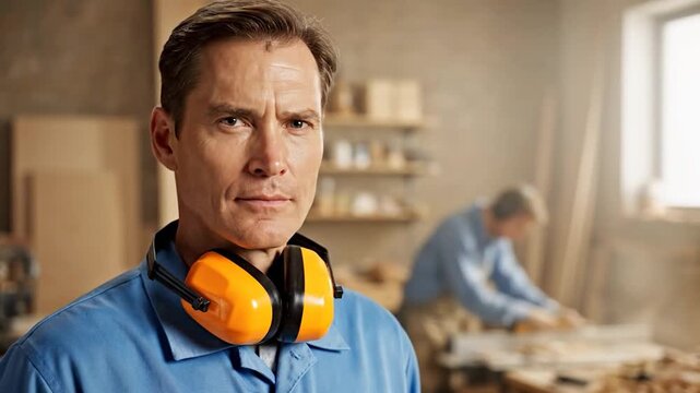 A serious carpenter in a blue shirt with ear protection looks at the camera. Workshop setting