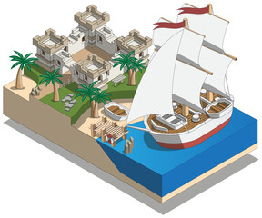 A sailboat at the pier near the castle. Isometric. Isolated on white background. Vector illustration.