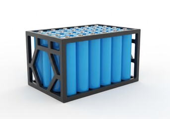 A battery pack with many blue cylindrical cells inside a black frame, isolated on white background