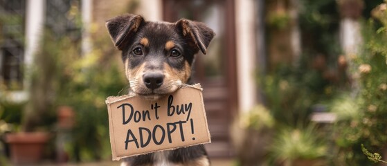 The Puppy Holding a Cardboard Sign That Says Don't Buy Adopt in Garden