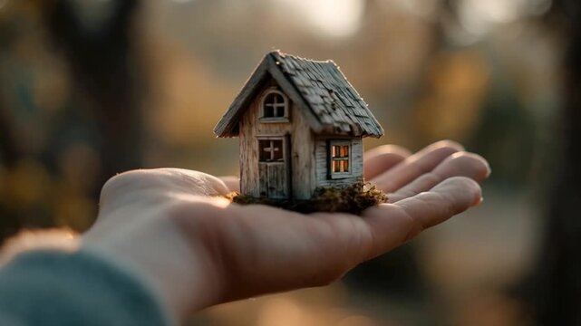 Tiny Wooden House in Hand Surrounded by Nature's Warm Glow