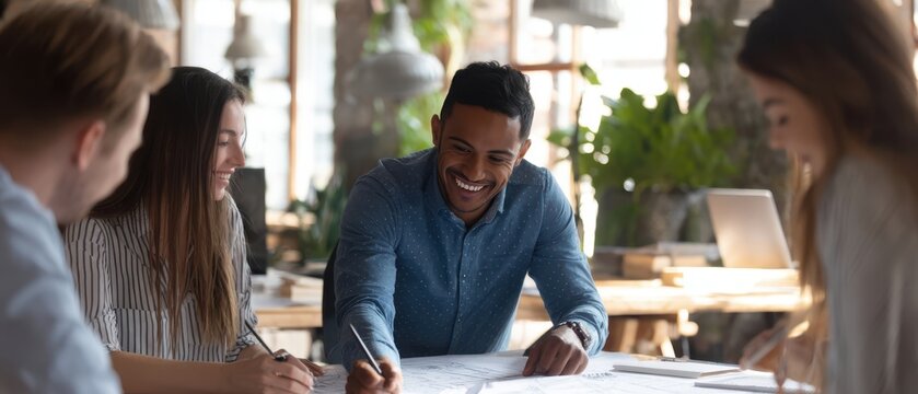 The team collaborating around a table in a bright modern coworking space