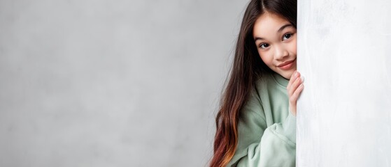 The girl peeking from behind a wall with a warm smile and hoodie