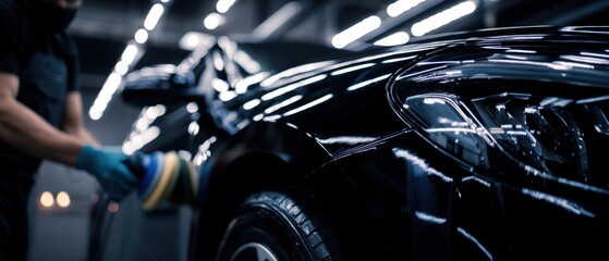 The black luxury car being professionally polished by a technician in a garage