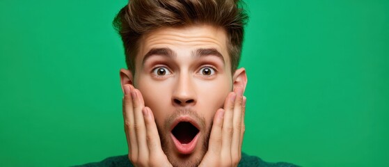 The young man with a shocked expression holding his face in surprise