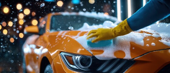 The Orange Sports Car Being Hand Washed With Soap Bubbles And Water Droplets